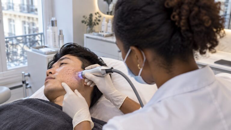 Médecin réalisant un traitement de radiofréquence microneedling sur des cicatrices d’acné à Paris