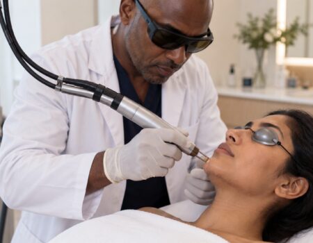 Médecin réalisant une épilation laser Nd:YAG ou Alexandrite du menton chez une patiente semi-allongée
