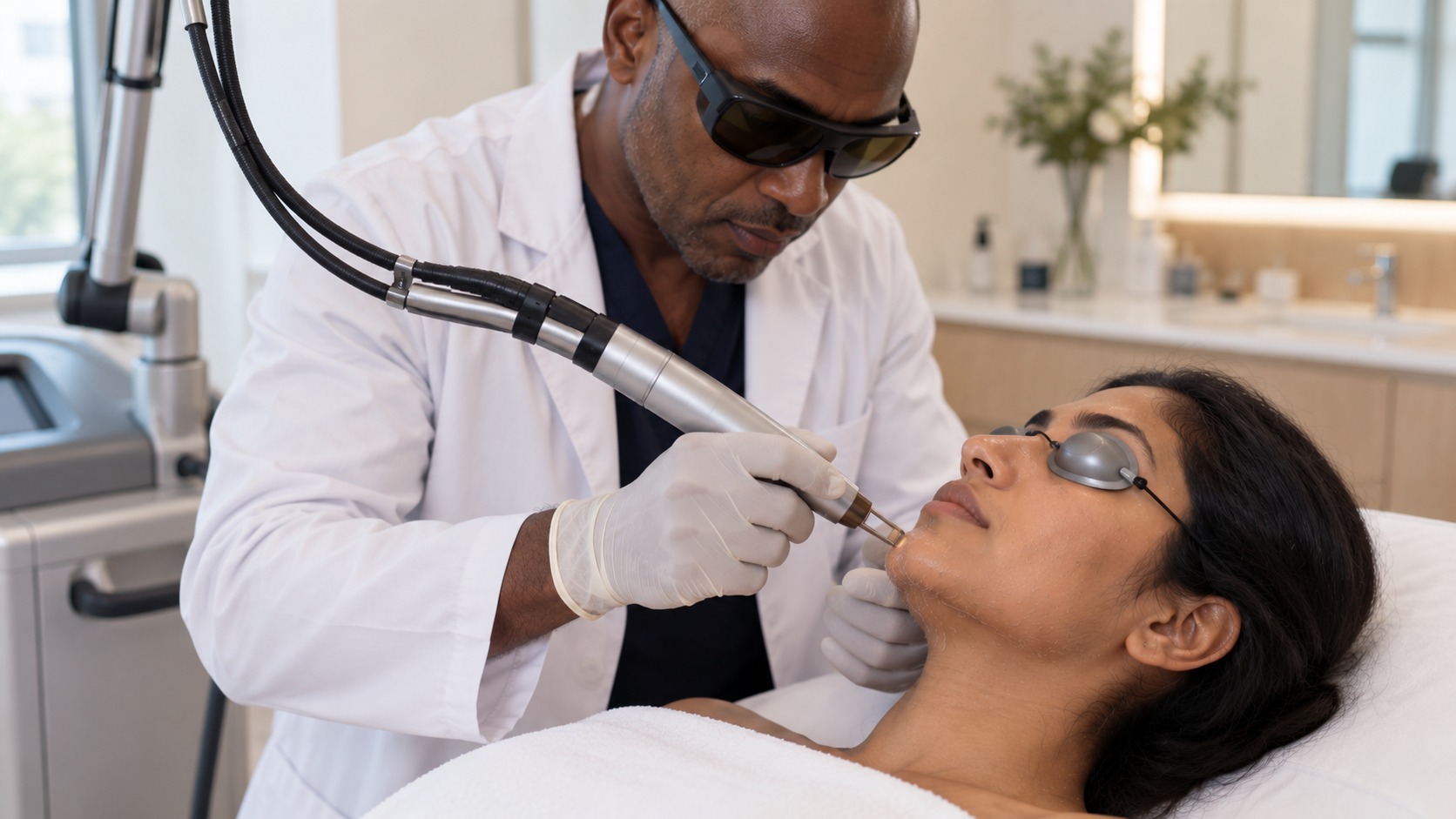 Médecin réalisant une épilation laser Nd:YAG ou Alexandrite du menton chez une patiente semi-allongée