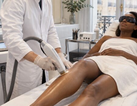 Médecin réalisant une séance d’épilation laser sur la jambe d’une patiente noire dans un cabinet médical à Paris