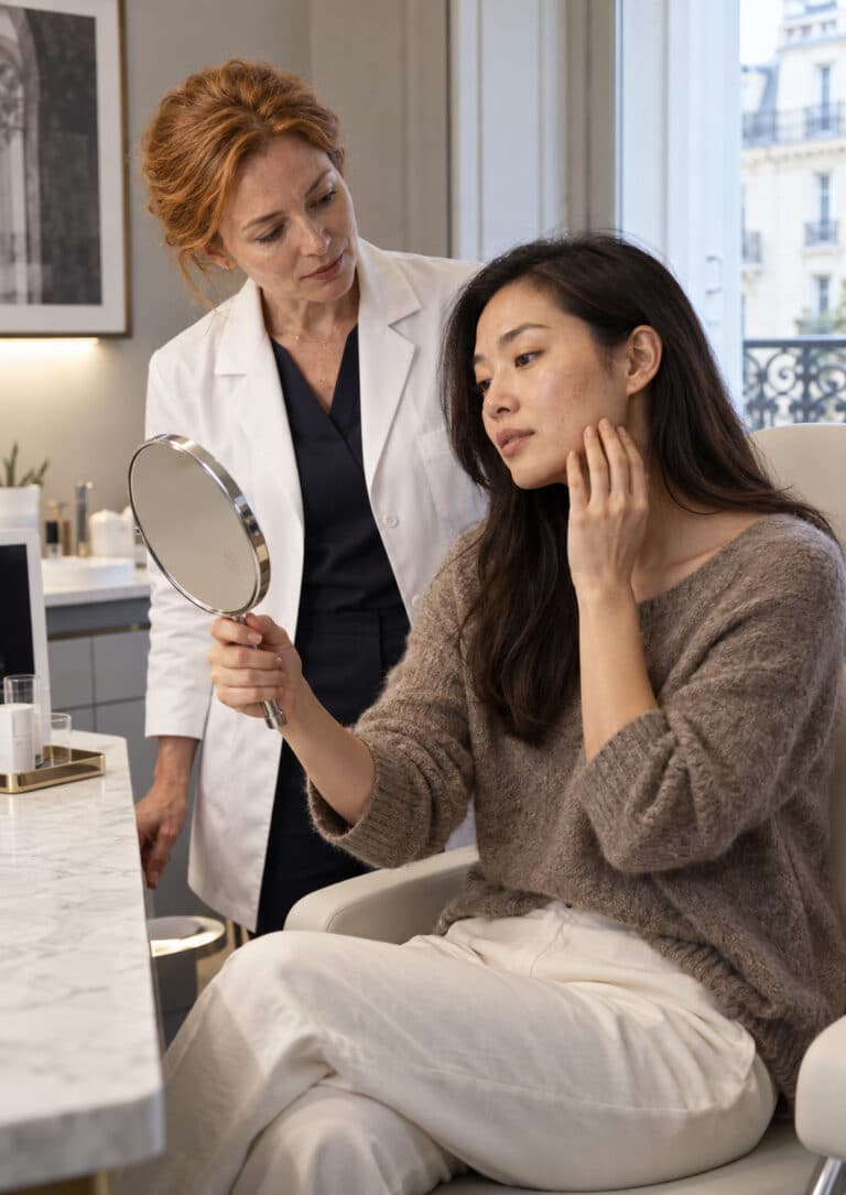 Médecin observant la texture de peau d’une patiente lors d’un diagnostic des pores dilatés à Paris