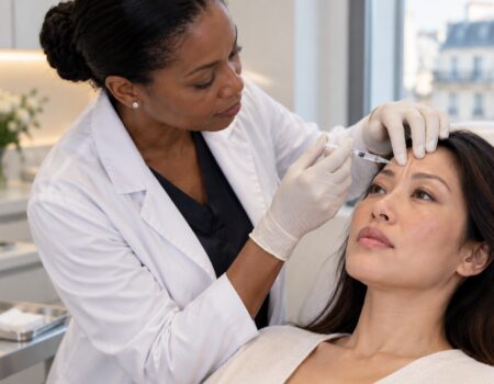 Médecin réalisant une injection de Botox sur le front d’une patiente à Paris