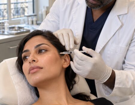 Médecin réalisant un skinbooster visage par injection d’acide hyaluronique à Paris