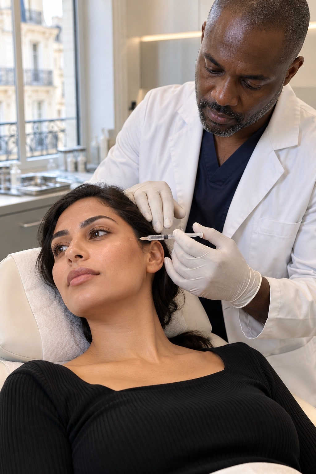 Médecin réalisant un skinbooster visage par injection d’acide hyaluronique à Paris