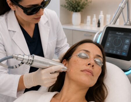 Médecin réalisant un traitement laser Pico sur une patiente présentant de discrètes taches pigmentaires du visage