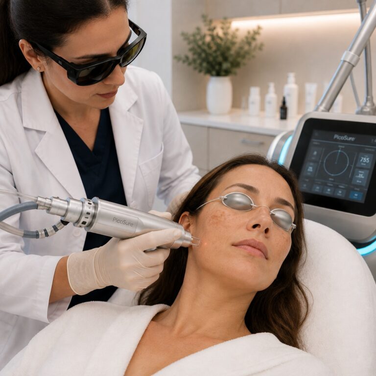 Médecin réalisant un traitement laser Pico sur une patiente présentant de discrètes taches pigmentaires du visage