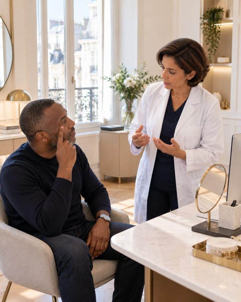 Grains de milium : médecin évaluant le contour des yeux d’un patient lors d’une consultation à Paris