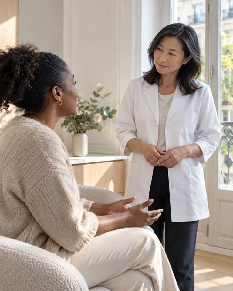 Peau sensible : médecin échangeant avec une patiente lors d’une consultation à Paris