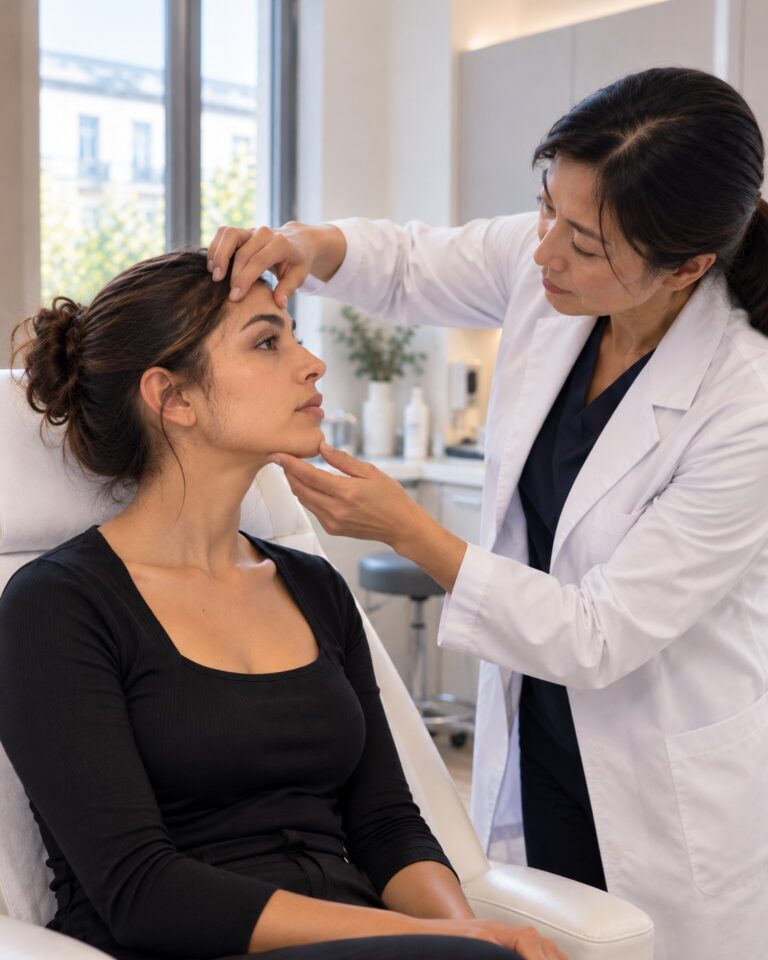 Repousse paradoxale : médecin examinant le duvet facial avant décision sur le laser